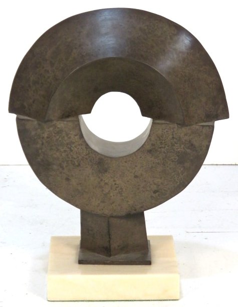 15" FRED SCHUMM MODERN ABSTRACT BRONZE SCULPTURE: Signed Schumm. Bronze on pink alabaster base. 16 1/2"h.