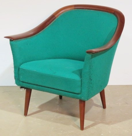 VATNE MOBLER GEORG JENSEN UPHOLSTERED TEAK LOUNGE CHAIR: Vatne Mobler for Georg Jensen NY. Upholstered chair with teak trim. 30 1/2"h. x 29 1/2"w. x 30"d.