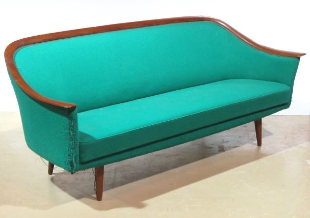 VATNE MOBLER GEORG JENSEN UPHOLSTERED TEAK SOFA: Vatne Mobler for Georg Jensen NY. Upholstered sofa with teak trim. 32"h. x 79 1/2"w. x 29"d.
