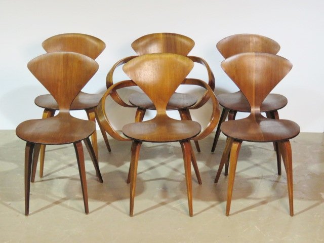 6 NORMAN CHERNER PLYCRAFT DINING CHAIRS: Set of 6 Plycraft chairs with 2 "pretzel" armchairs. Armchair 31 1/4"h. x 26 1/4"w. x 22"d.