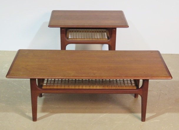 DANISH MODERN TEAK COFFEE TABLE & END TABLE: Two teak tables with woven shelves. Coffee table 16 1/2"h. x 47"w. x 20 1/2"d. End table 20 1/2"h. x 20 1/2"w. x 29 1/2"d.