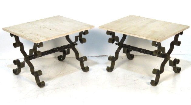 Pair ITALIAN IRON X-BASE MARBLETOP TABLES: Green painted iron with wood stretchers. Travertine marble top. 17 1/4"h. x 25"w. x 20"d.