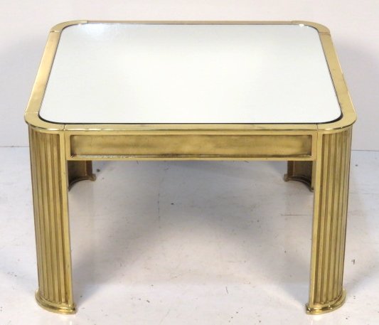 CONTEMPORARY BRASS & MIRROR END TABLE: Cast brass with mirror top. 18"h. x 28" square.