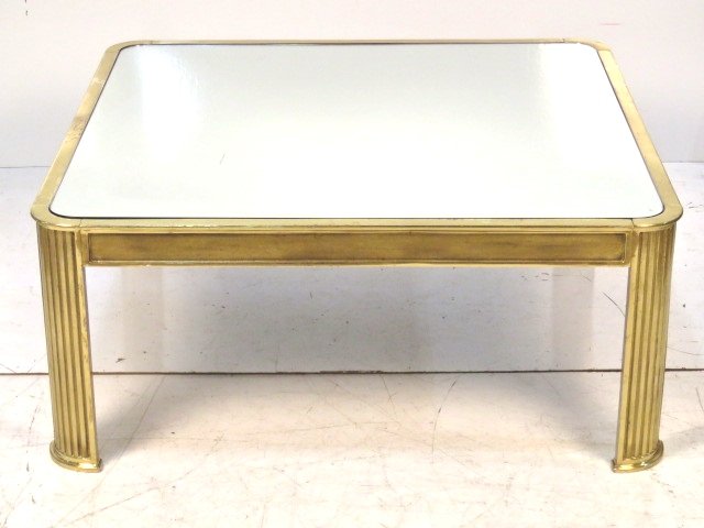 CONTEMPORARY BRASS & MIRROR COFFEE TABLE: Cast brass with mirror top. 17 3/4"h. x 41 3/4" square.