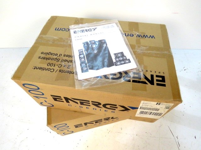 ENERGY C-100 BOOKSHELF SPEAKERS: New in box. Part of a collection from the estate of a local musician with a home music studio. Please read condition below.