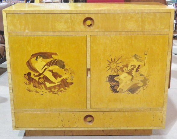 TIGER MAPLE INLAID DECO SERVER attr. ANDREW SZOEKE: Inlaid paneled doors with maidens. 2 drawers. 36"h. x 42"w. x 18 1/4"d.