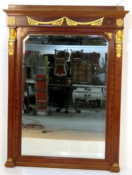 FRENCH EMPIRE STYLE PIER MIRROR: Mahogany and gilt bronze mounts. 67 1/2"h. x 51 1/4"w.