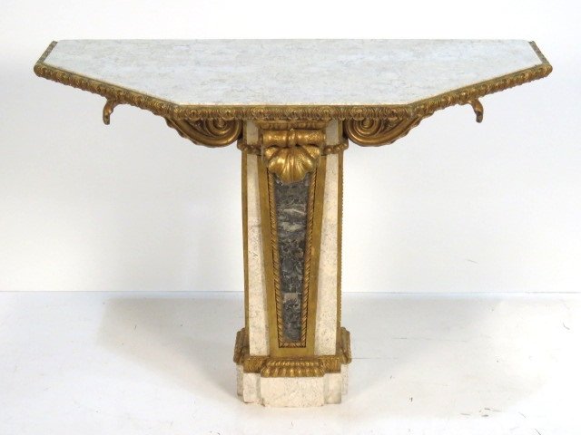 FRENCH FOSSIL STONE & GILT PEDESTAL CONSOLE: Tasselated fossil stone tiles. 35 1/4"h. x 48"w. x 24"d.