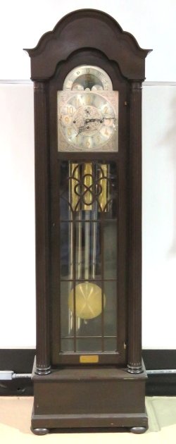ANTIQUE MAHOGANY CASE GRANDFATHER'S CLOCK: 3 weights, 5 tubes and pendulum. Herschede movement. 84"h. x 23 1/2"w. x 13"d.