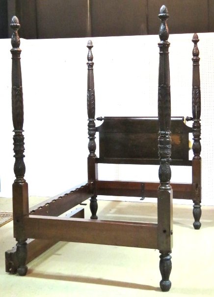 ANTIQUE AMERICAN ACANTHUS CARVED POSTER BED: Mahogany with finely carved posts. 92"h. x 81"w. x 57"d.