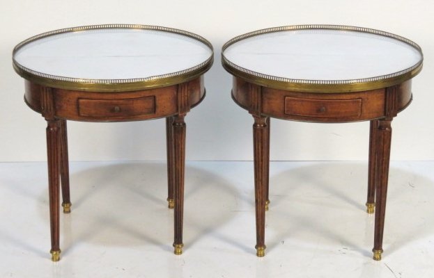 Pair LOUIS XVI STYLE WALNUT MARBLETOP BOUILLOTTE TABLES: Pullout leather top slides. Walnut with bronze feet and galleries. 24 1/4"h. x 24 1/4"diam.