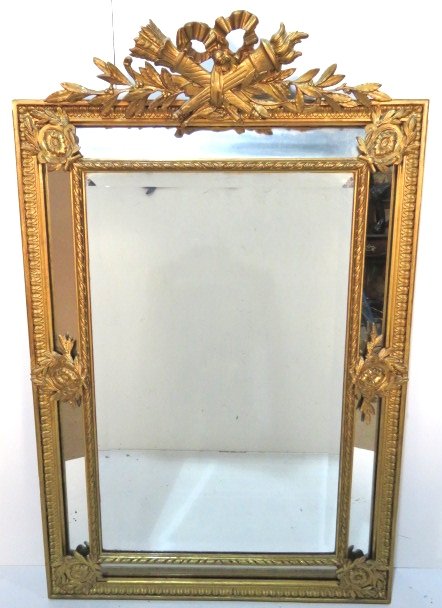 19th c. ANTIQUE FRENCH GILT FRAME MIRROR: Gilt wood and gesso. Beveled mirror surrounded by mirror panels. 56 1/2"h. x 36"w.