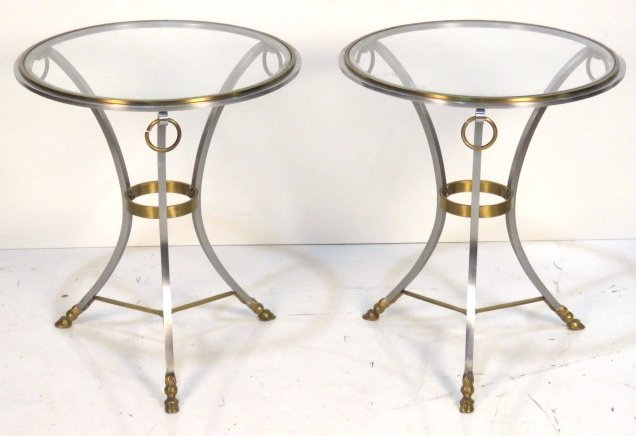 Pair NEOCLASSICAL STYLE STEEL & BRASS GUERIDONS: Steel and brass with glass inserts. Hoof feet. 25 3/4"h. x 22 1/4"diam.