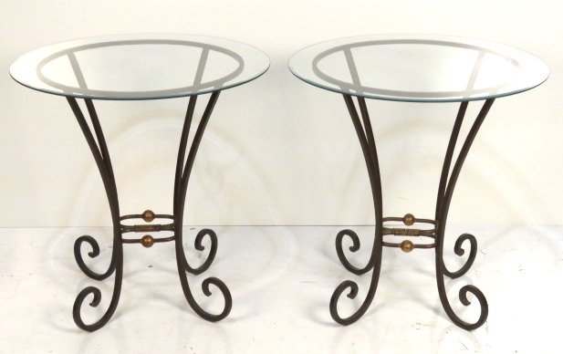 Pair WROUGHT IRON GLASSTOP SIDE TABLES: Beveled glass top. Wrought iron with bronze patina. 30 1/2"h. x 30"diam.