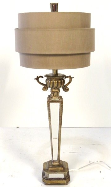 NEOCLASSICAL STYLE GILT & MIRRORED TABLE LAMP: Gilt resin with beveled mirror panels. 34"h.