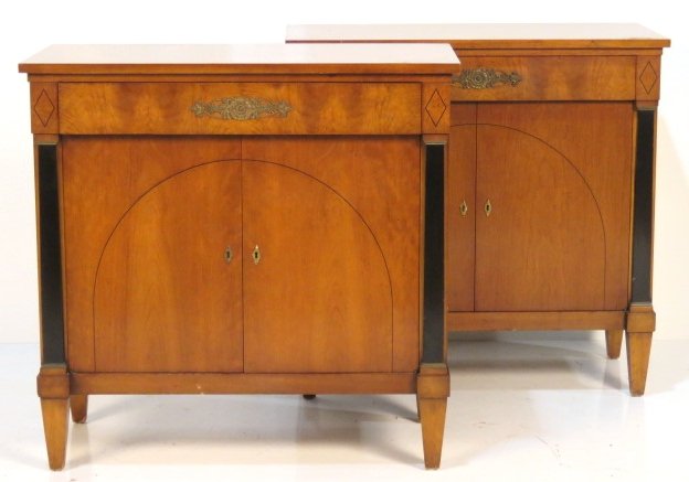 Pair CHARAK CUSTOM NEOCLASSICAL STYLE CABINETS: Cherry with ebony inlay. 33 1/2"h. x 34 1/4"w. x 17 1/4"d.