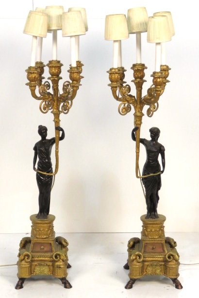 Pair EMPIRE STYLE FIGURAL GILT BRONZE CANDELABRA LAMPS: Hoof feet, rams heads and maidens. 52"h.
