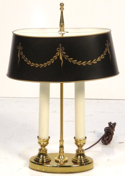 BRASS BOUILLOTTE LAMP w/ TOLE METAL SHADE: Black painted tole shade with gold decoration. 20 1/2"h.