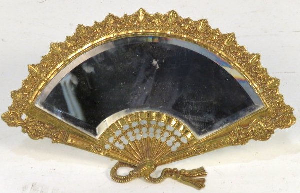 FRENCH STYLE BRASS FAN FORM MIRROR: Solid brass with beveled mirror. 10 1/4"h. x 17 1/2"w.