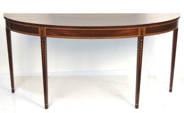 KITTINGER HEPPLEWHITE STYLE INLAID DEMILUNE CONSOLE: Mahogany with satinwood inlays and banding. 33"h. x 68"w. x 19"d.