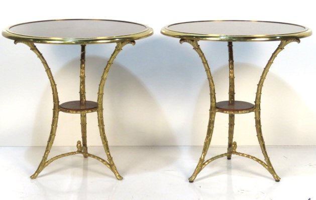Pair BAGUES STYLE BRONZE & WALNUT GUERIDONS: Very fine quality. Cast bronze with sunburst walnut tops. 29"h. x 28 1/4"diam.