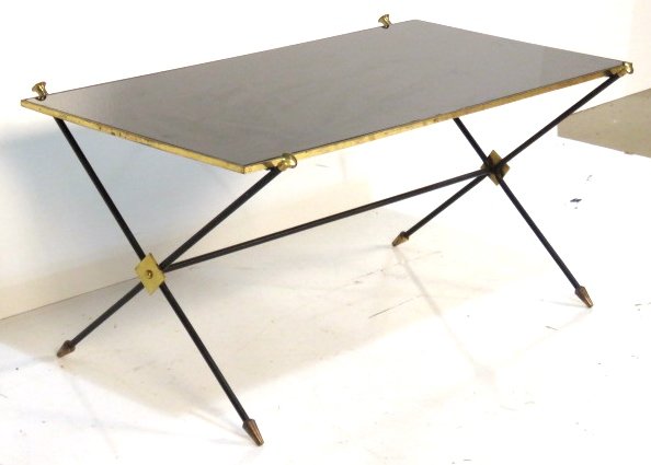 DIRECTOIRE STYLE IRON & BRASS COFFEE TABLE: Black iron with brass mounts. Black glass top. 16 1/2"h. x 34 3/4"w. x 20 1/2"d.