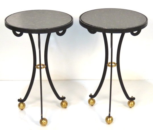 Pair DIRECTOIRE STYLE MARBLETOP IRON GUERIDONS: Black iron with gilt metal mounts. 25"h. x 16" diameter.