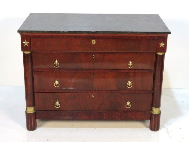 ANTIQUE FRENCH EMPIRE STYLE BRONZE MOUNTED COMMODE: Finely cast bronze mounts on columns. Black marble top. 35"h. x 46"w. x 23 3/4"d.