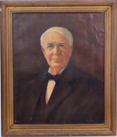 JUNIAS ALLEN PORTRAIT PAINTING of THOMAS EDISON: Oil on canvas. Signed Junias Allen.