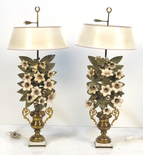Pair ITALIAN BRASS & TOLE PAINTED TABLE LAMPS: Tole painted metal flowers and bouillotte shades. Brass urns with marble base. 43"h.