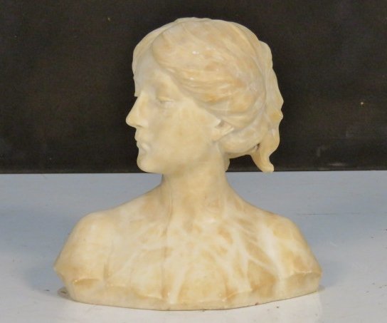 ANTIQUE ALABASTER BUST of a YOUNG WOMAN: Unsigned. 14"h. x 13"w.