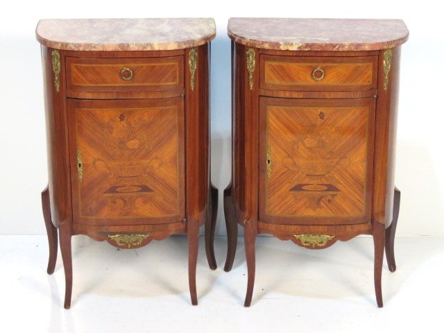 Pair ANTIQUE FRENCH INLAID MARBLETOP STANDS: Gilt bronze mounts. Inlaid with flowers. 32"h. x 20 1/2"w. x 12 3/4"d.