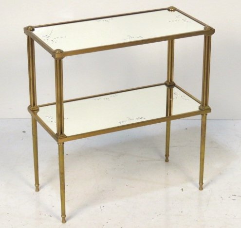 NEOCLASSICAL STYLE BRONZE & MIRRORED SIDE TABLE: Etched mirror tops. 25 1/2"h. x 23 1/2"w. x 11 1/2".
