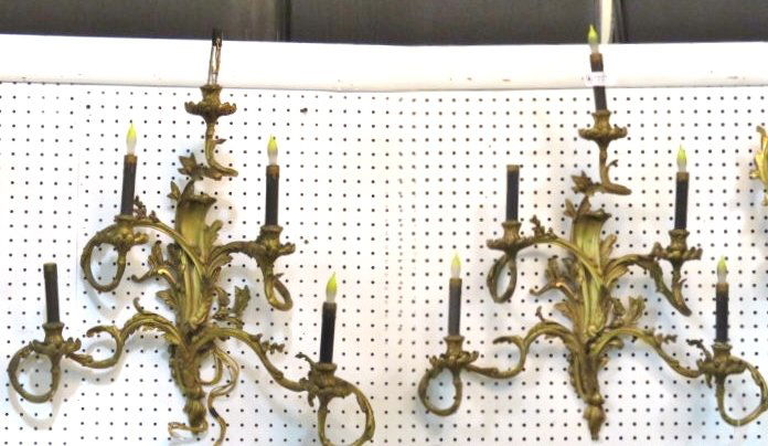 Pair LOUIS XIV STYLE 28" BRASS WALL SCONCES: French style brass sconces. 28"h. x 25"w.