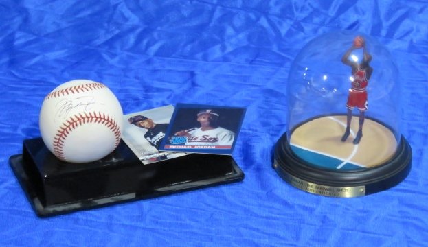 MICHAEL JORDAN SIGNED BASEBALL & UPPER DECK FIGURE: Autographed baseball, 2 cards and an upper deck figure. No COA.