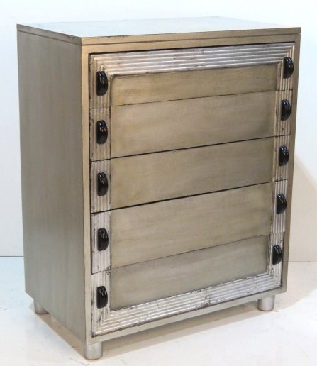 MID CENTURY MODERN SILVERED WOOD CHEST of DRAWERS: Silver with ebonized handles. 45"h. x 36"w. x 21"d.