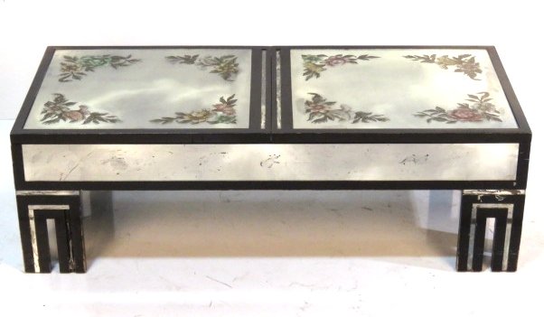 1940's EBONIZED & MIRRORED COFFEE TABLE: Reverse painted flowers on top. 15 1/4"h. x 48 1/4"w. x 22"d.