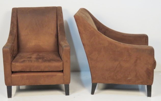 Pair MODERN DESIGN BROWN SUEDE LOUNGE CHAIRS: Brown suede upholstery. 37 1/4"h. x 25"w. x 34"d.