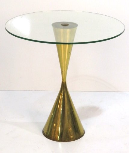 RARE & UNUSUAL ARTELUCE MONZA PEDESTAL TABLE: Brass with glass top. 29"h. x 29"diam.