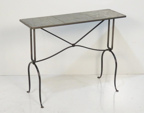 SLATE TOP WROUGHT IRON SOFA TABLE: Black wrought iron with 3 slate tiles. 28 1/2"h. x 36 1/2"w. x 18 1/2"d.