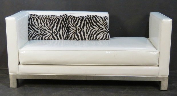 J.A. CASILLAS MODERN WHITE VINYL SOFA: White vinyl with brushed metal legs. 30"h. x 66 1/2"w. x 25"d.