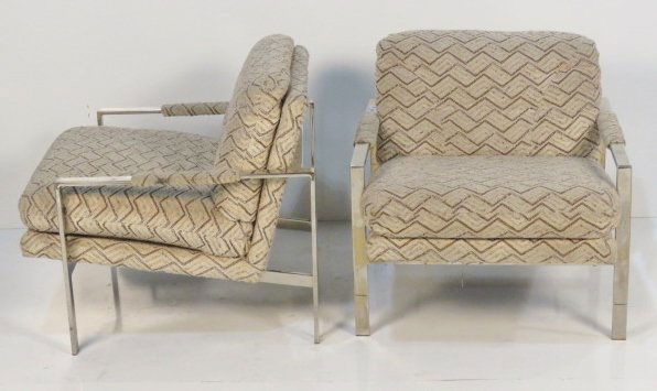 Pair CY MANN CHROME LOUNGE CHAIRS: Chrome metal with upholstery. 28"h. x 29"w. x 31"d.