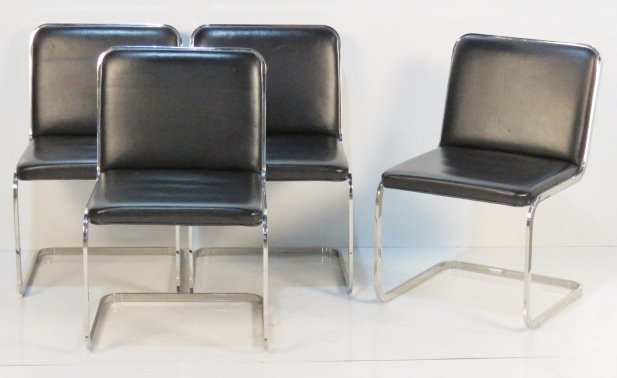 4 MODERN BRUETON CHROME & BLACK LEATHER SIDE CHAIRS: Flat chrome metal. 32"h. x 21"w. x 23"d.