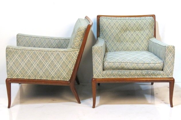Pair ROBSJOHN GIBBINGS UPHOLSTERED LOUNGE CHAIRS: Walnut frames. 30"h. x 29"w. x 25"d.