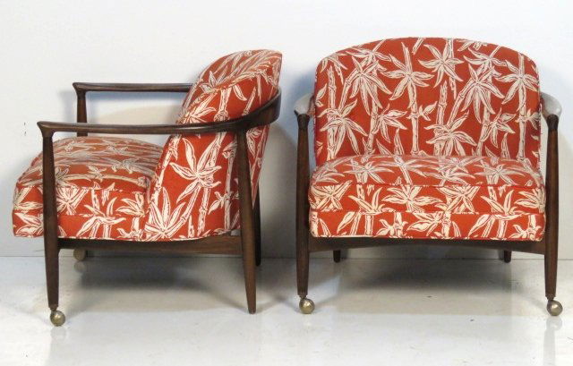 Pair SELIG DANISH MODERN LOUNGE CHAIRS: Walnut finish. 27"h. x 29 1/2"w. x 27"d.