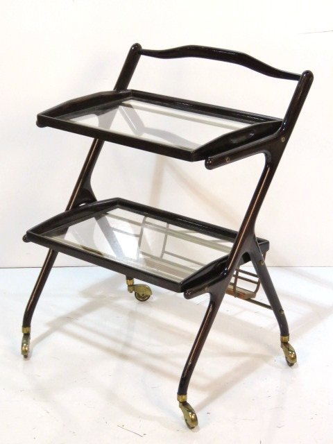 CESARE LACCA ITALIAN MODERN BAR CART: Dark walnut finish. Removable glass trays. 32"h. x 24"w. x 21"d.