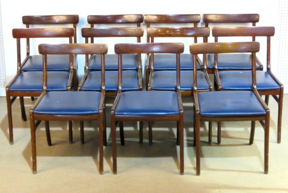 11 OLE WANSCHER DANISH TEAK DINING CHAIRS: Dark stained teak. 31"h. x 18 1/2"w. x 21"d.