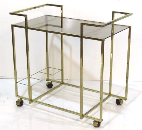 1970's ITALIAN MODERN GLASS BAR CART: One smoked glass shelf. 30 1/4"h. x 31 1/4"w. x 19"d.