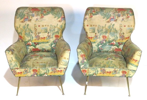 Pair ITALIAN MODERN LOUNGE CHAIRS: Brass plated metal legs. Vinyl chinoiserie upholstery. 33 1/2"h. x 26 3/4"w. x 26 1/4"d.