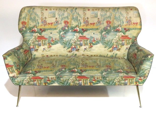 ITALIAN MODERN SETTEE: Brass plated metal legs. Vinyl chinoiserie upholstery. 33 1/2"h. x 54"w. x 26 1/4"d.